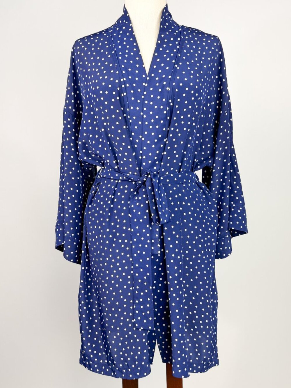 90s Victoria's Secret Gold Label Silky Short Robe Navy Polka Dot Kimono Lingerie